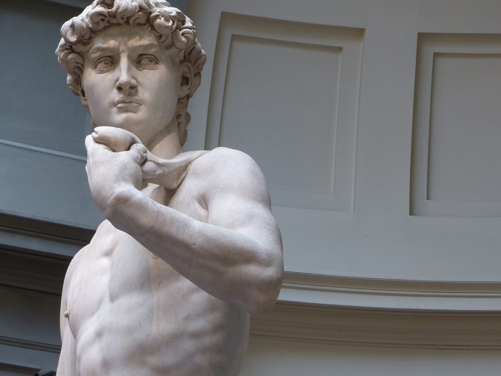 Un'immagine dettagliata che cattura il torso scolpito dell'iconico capolavoro di Michelangelo, il David.